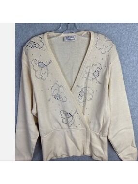 Vintage St John Sweater  White Cream Rhinestone Wrap  Luxury Classic Size 14